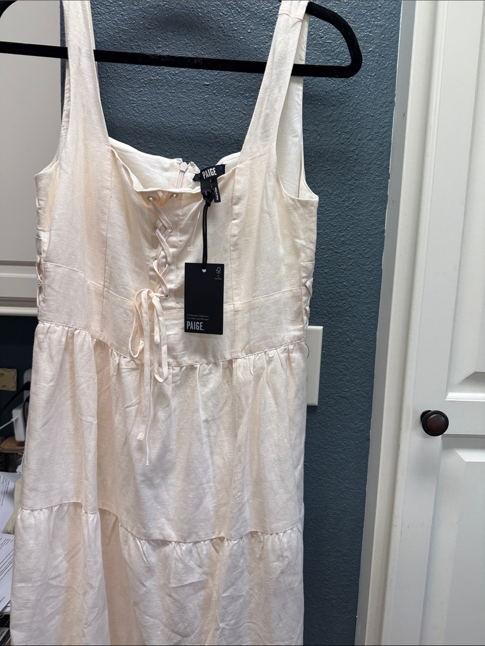 PAIGE Ivory Lace-Up Tiered Midi Dress